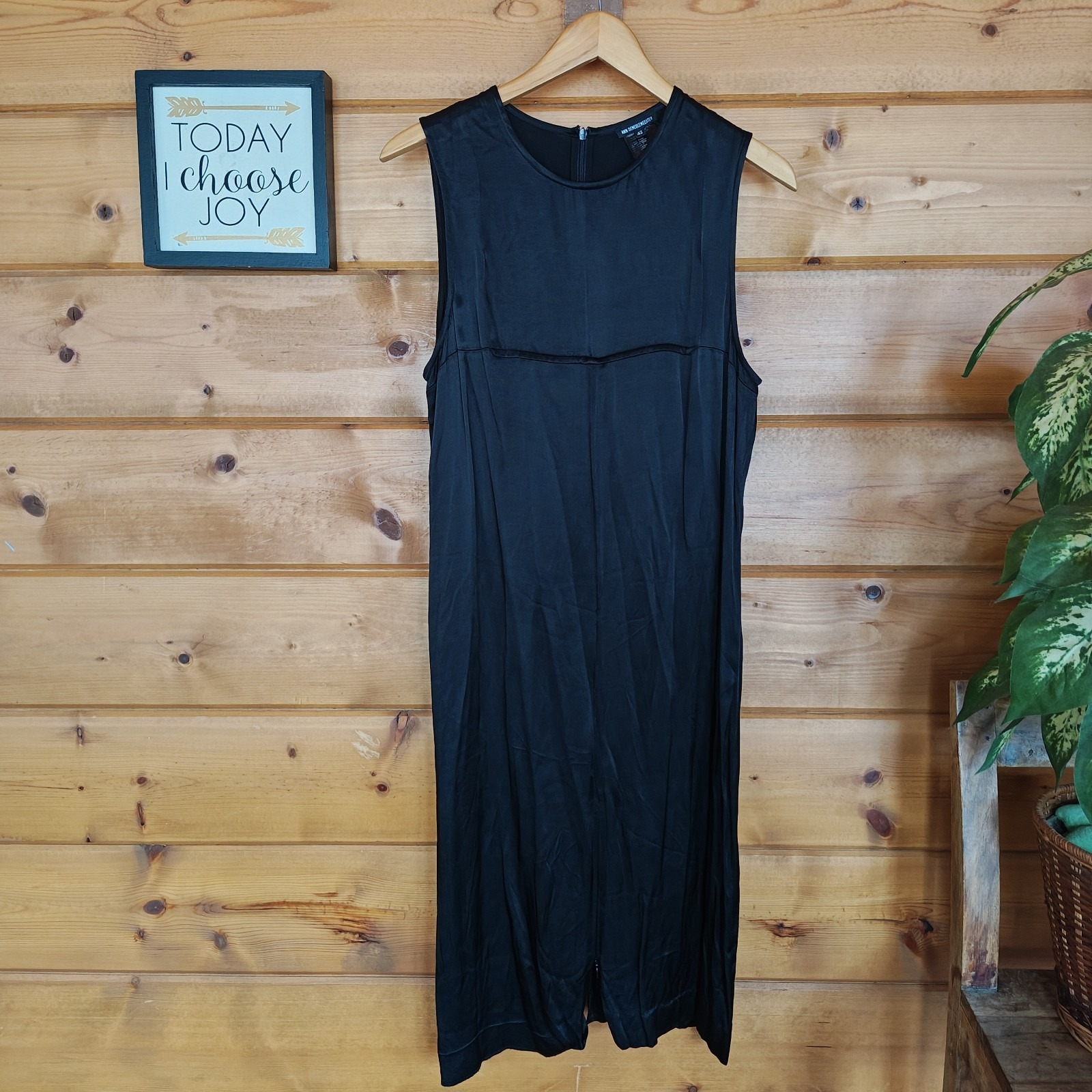 Ann Demeulemeester Black Satin Dress Vintage Shift Full Zip Back Front Slit 42/M